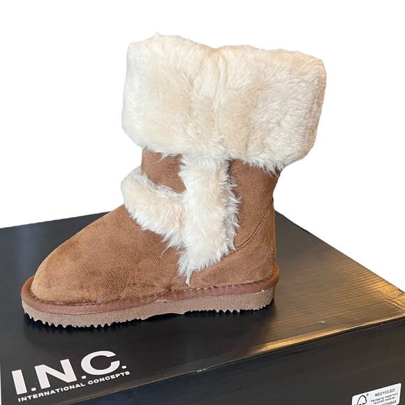 NEW INC Witty Faux Suede Fur BOOTS Little Girls 12 SHOES Chestnut Brown Cream - Picture 10 of 10